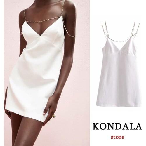 KONDALA Za 2021 Sexy Chic White Cami Mini Dress V Neck Solid Straight Dress Streetwear Backless Fashion Mujer Vestidos