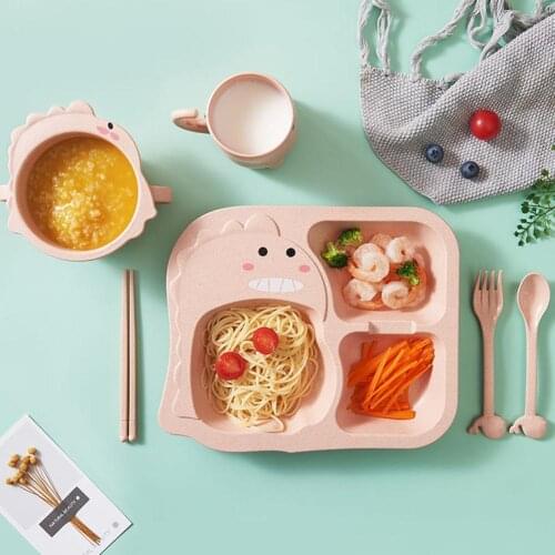 6pcs/sets Baby Dish Bowl Tableware Set Natural Bamboo Fiber Bowl With Cup Spoon Plate Fork Feeding Dishes for Kids Utensils