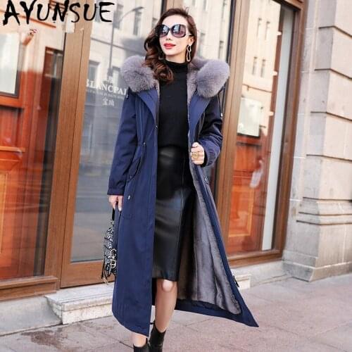 AYUNSUE Real Fur Coat Female Rabbit Fur Parka 2020 Winter Jacket Women Fox Fur Collar Long Jackets for Women Plus Size MY3870
