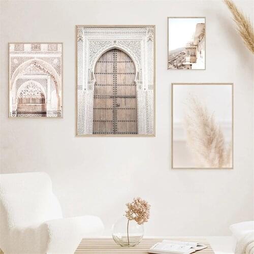 Beige Reed Grass Canvas Wall Painting Mosque Morocco Door Wall Art Prints Travel Poster Bohemia Art Pictures Living Room Decor
