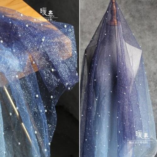 Beaded Lace Tulle Fabric Blue Gradient Handwork Pearl DIY Background Decor Skirt Gown Wedding Dress Glitter Lace Designer Fabric