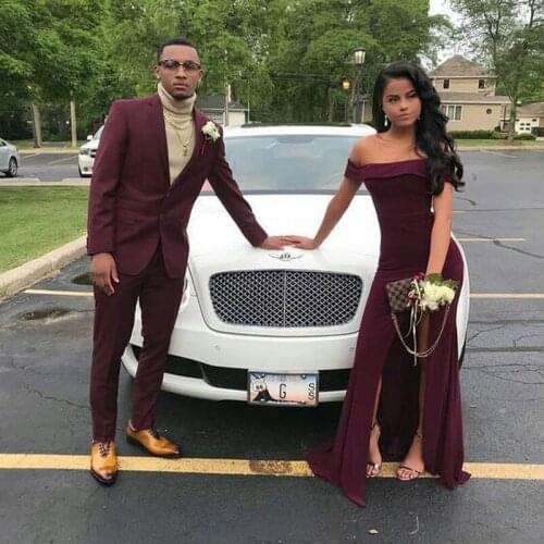 Burgundy Suits for Prom Party BestMan Blazers Groom Tuxedo Costume Mariage Homme Grey Terno Masculino 2Piece Coat Pants