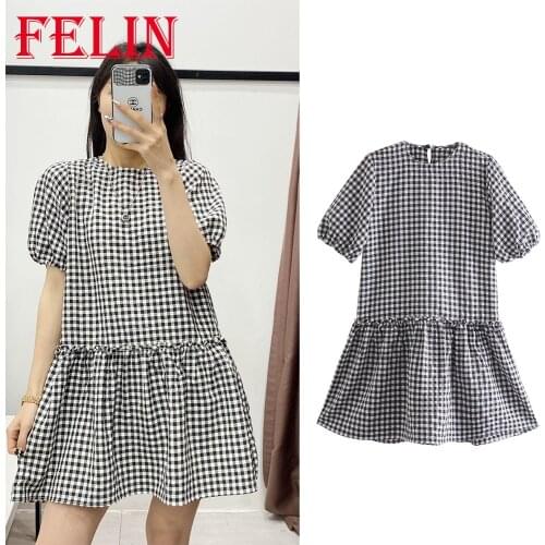 FELIN Women Summer Dress Za Fashion 2021 Black and White Plaid Puff Sleeve Vintage Slim Mini Dress Mujer O-Neck Vestidos