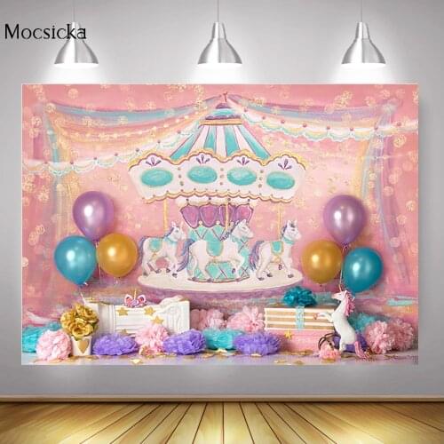Circus Carnival Photo Background Carousel Balloons Flowers Children Birthday Party Backdrop Newborn Unicorn Portrait Photography