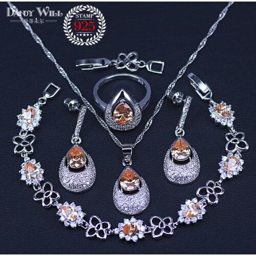 Pear silver color Bridal Jewelry Champagne Zircon Jewelry Sets For Women Earrings/Pendant/Necklace/Rings/Bracelet