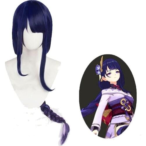 Game Headwear Genshin Impact Raiden Shogun Cosplay Wig Baal Headgear Womens Long Braided Dark Blue Hair + Wig Cap