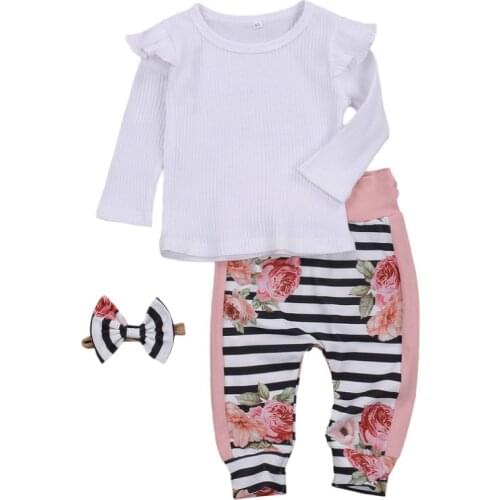 2021 Baby Clothing Fly Sleeve Bodysuits Pullover Flower Stripe Trousers Bowknot Headband Newborn Set