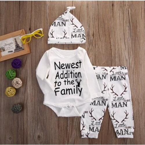 3PCS Infant Baby Boy Clothes Sets Newest Addition To The Family Printed Bodysuit+Pants+Hat Newborn Outfits
