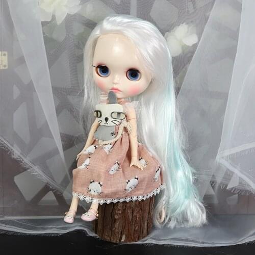 ICY DBS Blyth doll 1/6 bjd white skin joint body white mix blue hair, new shiny face Carved lips BL136/6909
