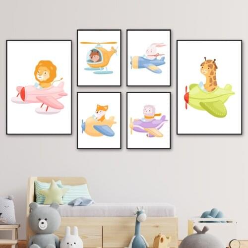 Pilot Flying Lion Giraffe Rabbit Fox Deer Nursery Wall Art Canvas Painting Posters And Prints Wall Pictures Baby Boys Room Decor