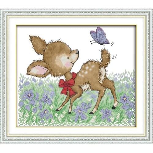 Fawn and Butterfly Cross Stitch Kits 11CT 14CT Animal Pattern Sets Chinese Cross Stitch Embroidery Kits Home Decoration for All