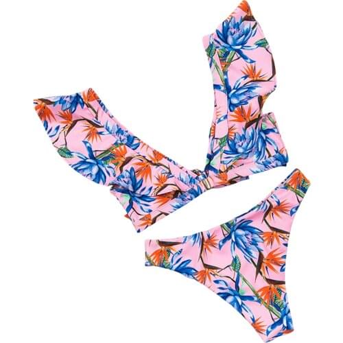 2021 New Women Bikini, Floral Beach Wear, Short Sleeve Ruffle V-Neck Cropped Vest, Low Waist Pool Party Thong 2 Pieces
