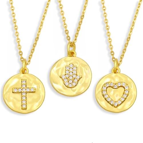 FLOLA Rhinestone Cross Heart Necklace For Women Fatima Hand Pendant Necklace CZ Cubic Zirconia Gold Plated Jewelry Gifts nkev57
