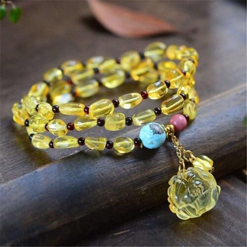 Genuine Natural Gold Amber Gemstone Oval Beads 3 Laps Bracelet Flower Pendant Necklace Certificate