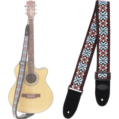 Jacquard Weave Double Fabric Guitar Strap Flowers Pattern Genuine Leather Cow Suede Ends with for Acoustic Electric Guitars