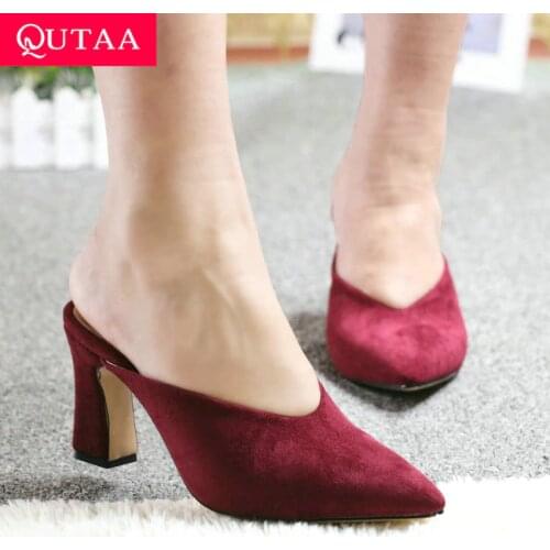 QUTAA 2020 Women Sandals Leopard PU Leather Square Heel Women Pumps Pointed Toe Scrub Summer Slingback Women Shoes Size 34-43