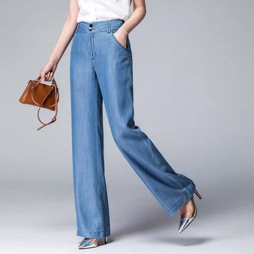 ACRMRAC Women jeans New autumn Solid color blue Slim Dual Button High waist Loose Lyocell Wide leg pants Full Length jeans Women