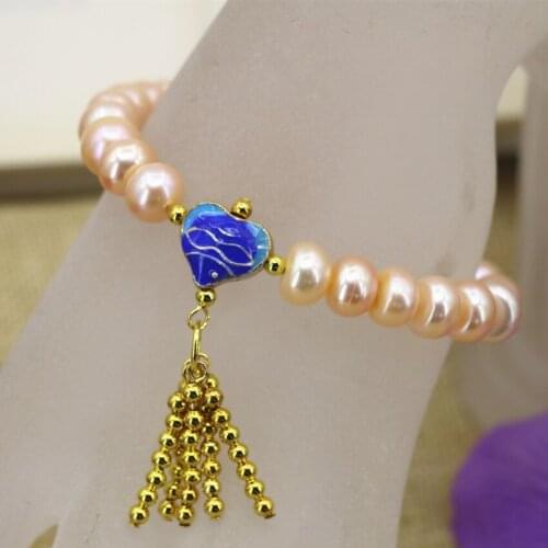 Natural orange pearl abacus nearround beads 9-10mm bracelet bangle for women gold-color tassels cloisonne jewelry 7.5inch B3100