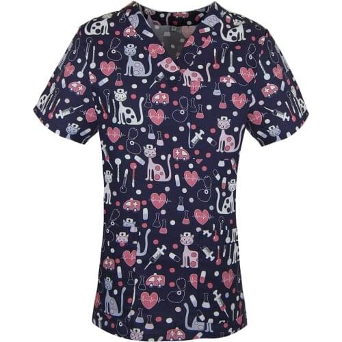 Women Medical Print Casual Short Sleeve V-neck Carer Top Nursing Scrubs Tops With Pocket Ladies Care Working Uniform Scrub Top