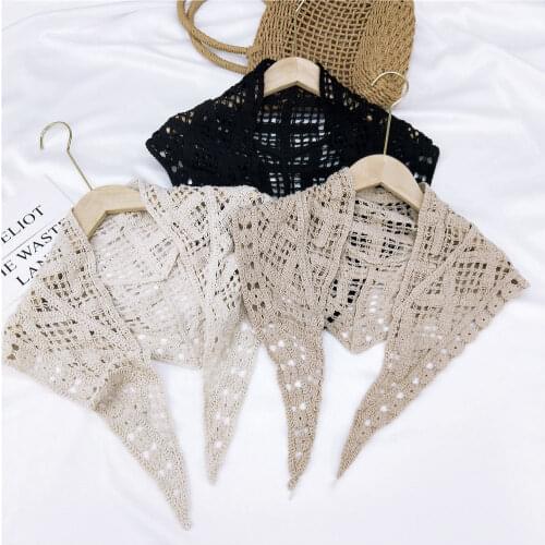 Women Triangle Scarf False Shirt Collar Hollow Out Crochet Fake Collars Blouse Sweater Neckline Detachable Lace-up Decor Collar