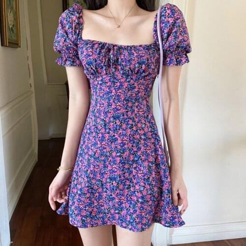 Purple Floral Dress Puff Sleeve Sexy Mini Summer Beach Vestidos Mujer Boho Chic Korean Retro Cute a Line Vestido Corto Sukienka