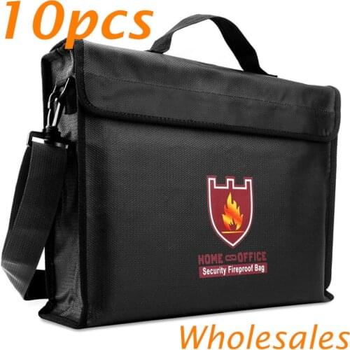 10pcs Large Fireproof Money & Document Bag File Holder with Handle and Shoulder Strap Waterproof for Battery Safe Storage Black