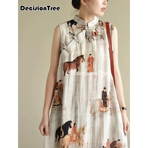 2021 chinese dress sleeveless chinese women long cheongsam dress linen qipao chinese traditional dress long dress qipao