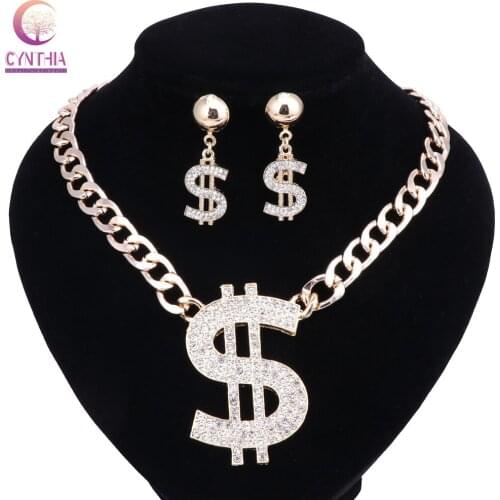 Africa Nigeria Dubai Wedding Jewelry Sets Gold Color Dollar Sign Pendant Necklace Earrings Charming Women Party Jewelry Set