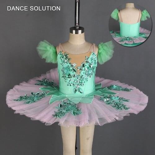 Girls and women ballet dance tutu green spandex bodice with pink pancake tutu skirt pre-professional ballet tutus costume BLL178