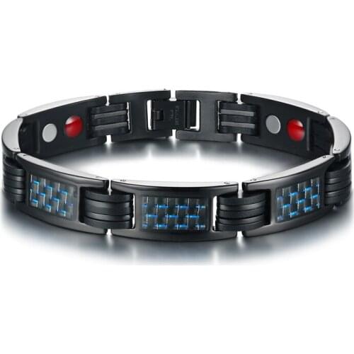 Classic Man gift stainless steel jewelry cuff bangle charm black and blue carbon fiber bracelet for men boyfriend