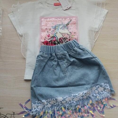 Kids Girls Clothes New 2020 Baby Clothes Unicorn Lace Sweet T shirt and Denim Flower Skirt Two Pcs Girl Denim Suit