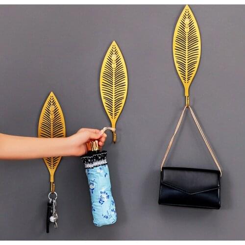 Home Metal Leaf Shaped Gold Decorative Wall Hooks Hanging Space Saving Hangers Living Room Hallway Bathroom Hooks