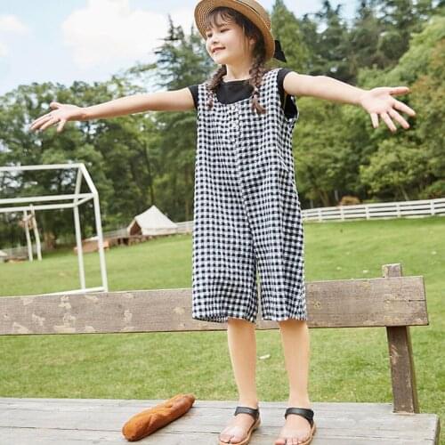 Big Girl Sets 2021 New Summer Kids Clothes Set Tee Tops And Plaid Overalls Pants Children Suits Teen 2 Pieces Suit Baby Cotton