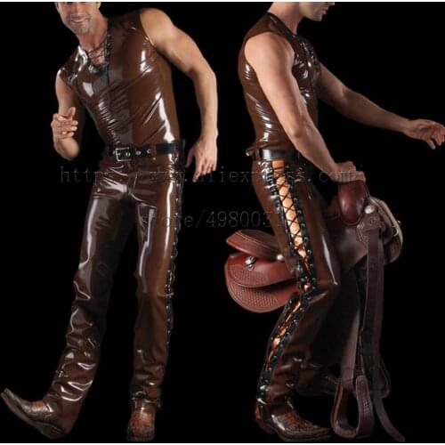 Brown color latex trousers mens latex pants with lace-up decoration
