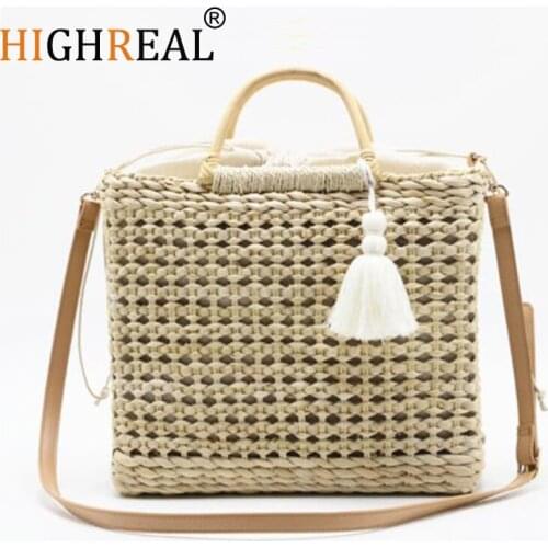 HIGHREAL Fashion Popular Woven Bag Hollow Straw Bag Tassels Tote Summer Beach Bag Fashion Travel Messenger Bag Drop Shipping