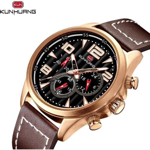 KUNHUANG Man Watch New 2021 Leather Sports Mens Watch Warterproof Quartz Top Brand Luxury Male Clock Relogio Masculino