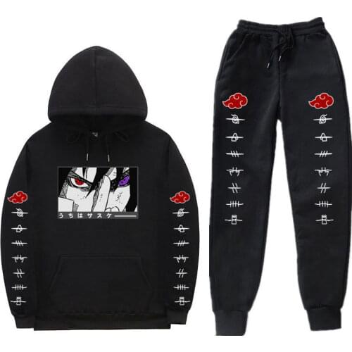Fleece Men sets Japanese streetwear Hoodies Sets Anime Uchiha Sasuke Akatsuki Hoodie trousers Keep warm sweat homme Sets