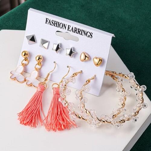 New Korean Tassel Butterfly Earrings For Women Set Geometric Dangle Drop Earrings Big Hoop Crystal Heart Earrings 2021 Jewelry