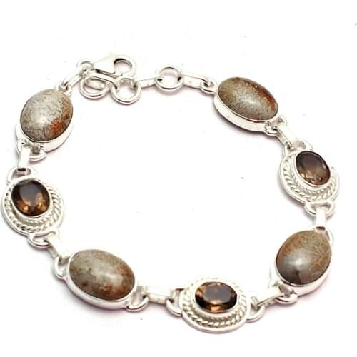 Genuine Picture Jasper + Smokey Quartz Bracelet 925 Sterling Silver, 21 cm, GRPB0423