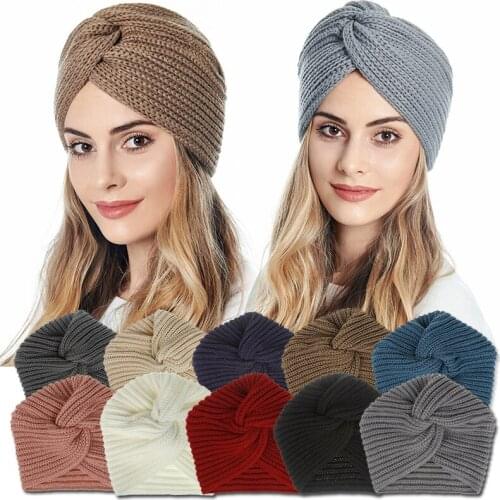 Autumn Winter Cross Knitted Hat Women Solid Color Wool Warm Knitting Turban Cap Fashion Female Muslim Hats
