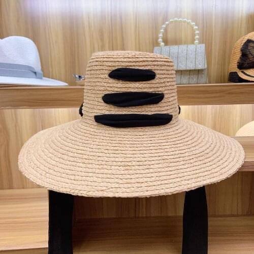 Wholesale Women Raffia Straw Hat 4.7" Big Wide Brim Ribbon Lace Up Summer Hat Floppy Beach Sun Hat Cap Packable Travel Derby