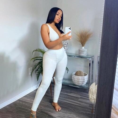 Fitness sporty women tracksuit sleeveless v-enck tank stretchy leggings ribbed bra two piece set solid streetwear outfits