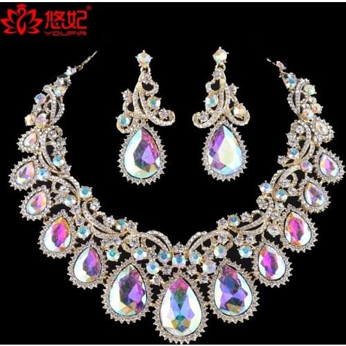 High quality gorgeous AB glass jewelry sets for bridal wedding party necklace and earrings set dubai fashion show jewelry
