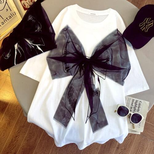 Gothic Short-Sleeved WomenS T-Shirt Summer WomenS Clothing Black Bow Patchwork T-Shirt Tops Kawaii Streetwear 2021