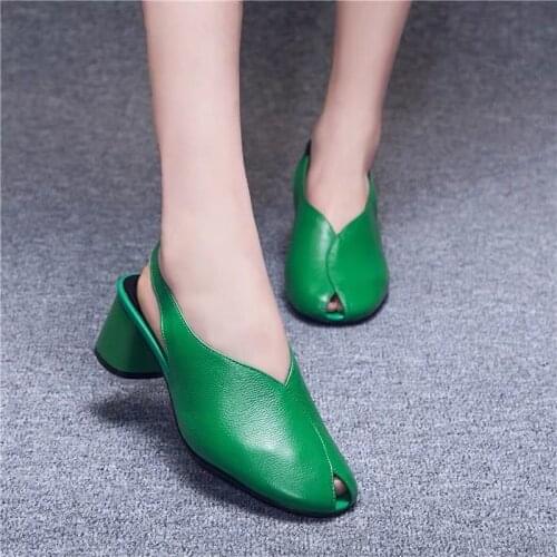 Womens Fish Mouth Sandals Semi-Baotou Slippers Women Fashion Wear Real Soft Leather Mid Heel 2020 Summer New High Heel Sandals