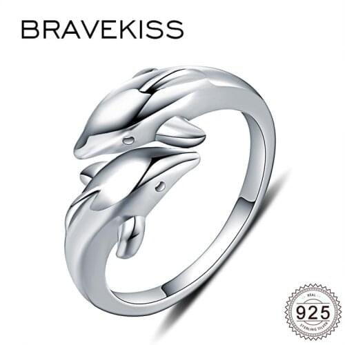 BRAVEKISS Double Dolphin 925 Silver Sterling Rings For Women Open Adjustable Ring Silver Party Wedding Cute Fine Jewelry BLR0409