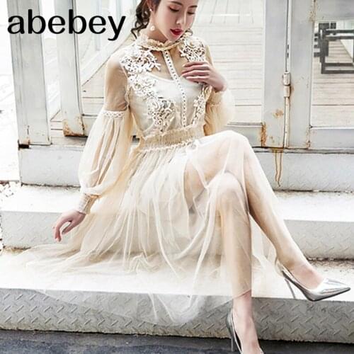 2019 New Women Fashion Dress Stand Collar Lantern Sleeve Mesh Dress See-through Lace Embroidery Fairy Dress Femme Vestidos Robe