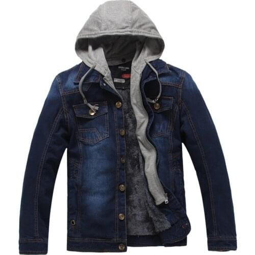 Winter Warm Thick Denim Jacket with Fleece Hooded Mens Casual Jacket Mens New Product Fashion Solid Color Casual Business