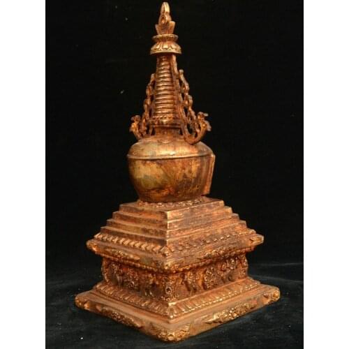12" Tibetan Buddhism Temple Bronze Gilt Shakyamuni Stupa Pagoda Tower God Statue