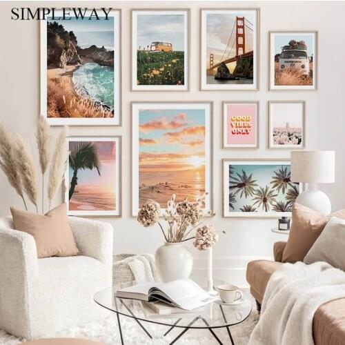 Bus Coastal Beach Sunset Canvas Painting Summer Seascape Poster Flower Nature Landscape Print Wall Art Picture Living Room Decor